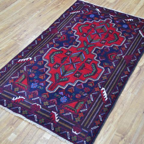 Fustat Hand Knotted Wool Rug in Red and Blue