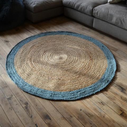 Jute Bordered Circle Rugs in Duck Egg Blue