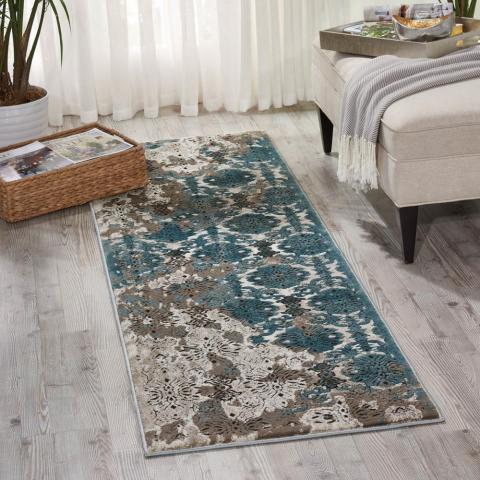 Karma Hallway Runners KRM05 in Ivory and Blue