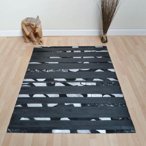 Leather Patchwork Rug in Black Embossed