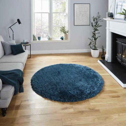 Montana Shaggy Round Circle Rugs in Steel Blue