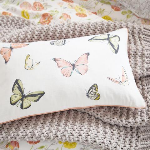 Poppy Garden Butterfly Print Cushion By V&A in Coral