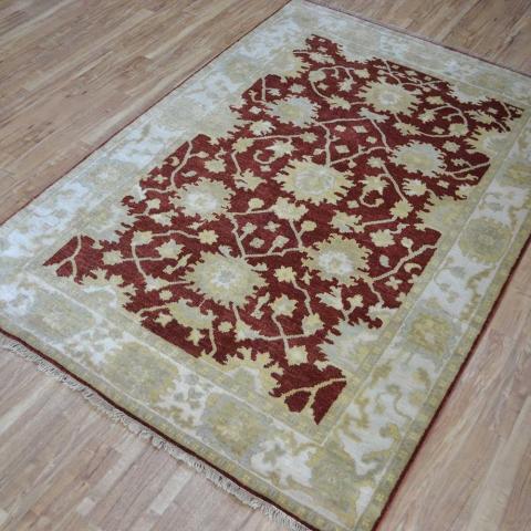 Sari Agra Hand Knotted Wool Rug in Red and Cream