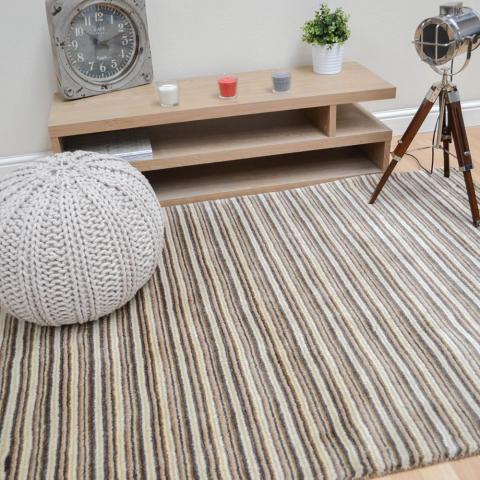 Seasons Loom Knotted Striped Wool Rugs SEA02 in Brown and Sand