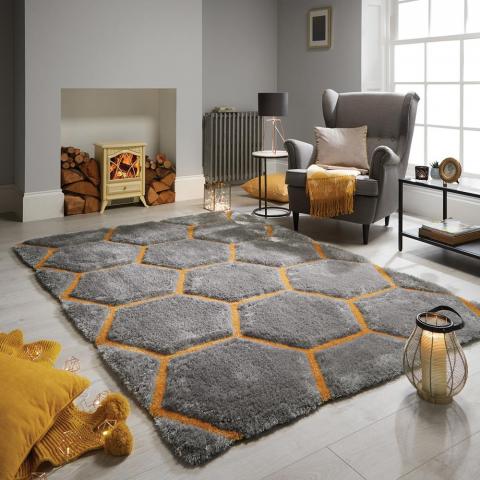 Verge Honeycomb Rugs in Grey and Ochre